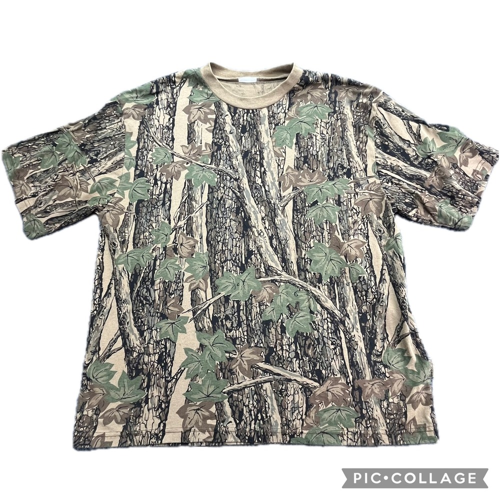 Vintage Realtree Camo T-Shirt‎ Mens Bark Tree Leaf Pattern Hunting Outdoors